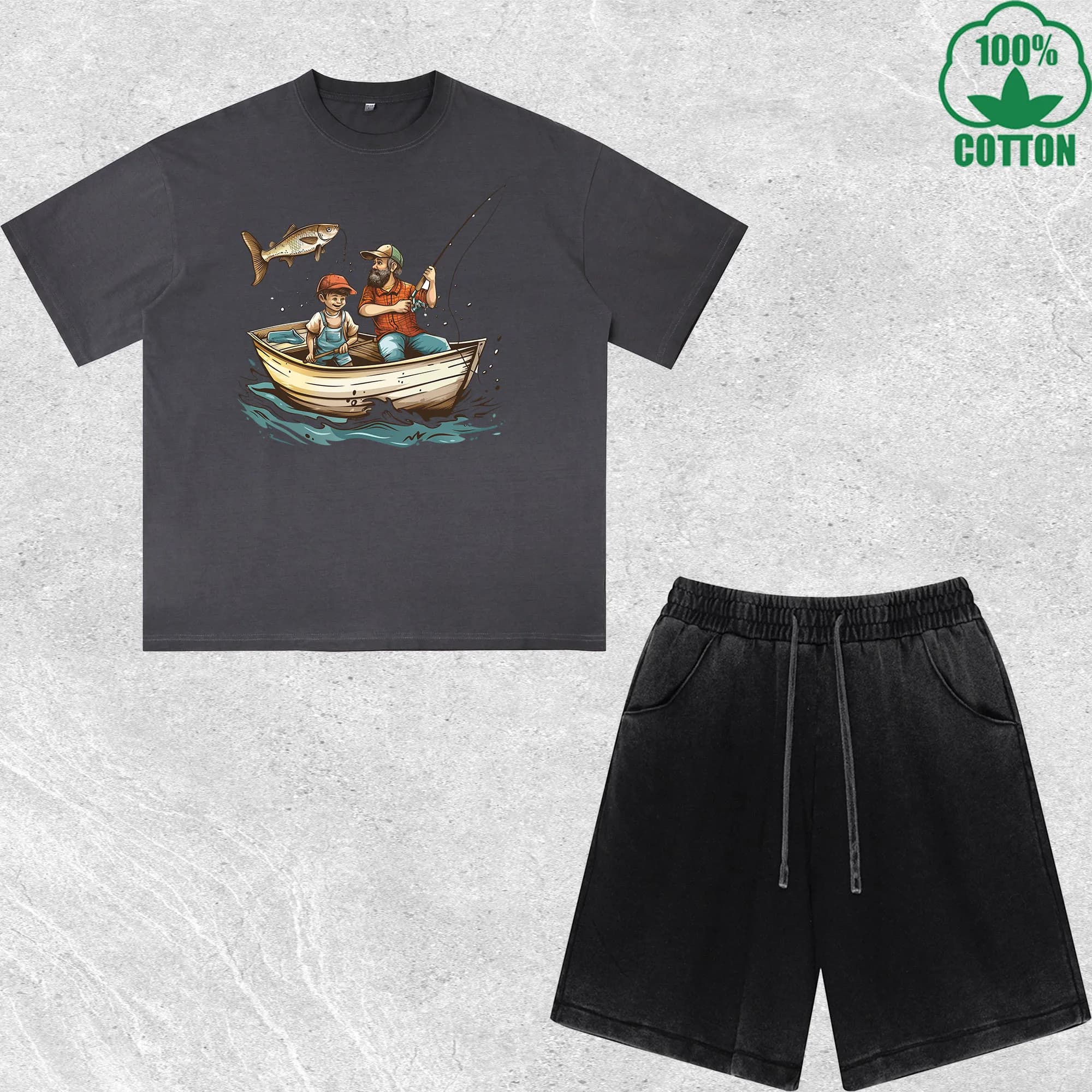 Complete T-shirts and Shorts Printed for Baby 'This Son Loves Fishing With His Dad', Dirty Wash Style, Large fit, Trendy, Fashionable, 100% Cotton, Black