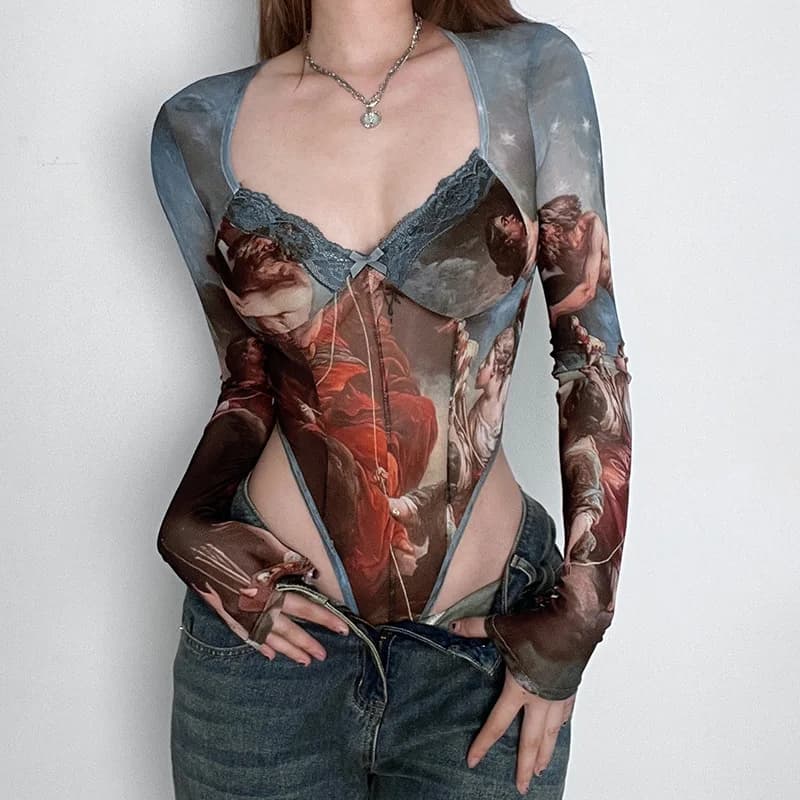 Body in rete con collo quadrato donna Vintage Canvas Printed Lace Bow Brown Retro vita alta Wrapping Halloween Christmas