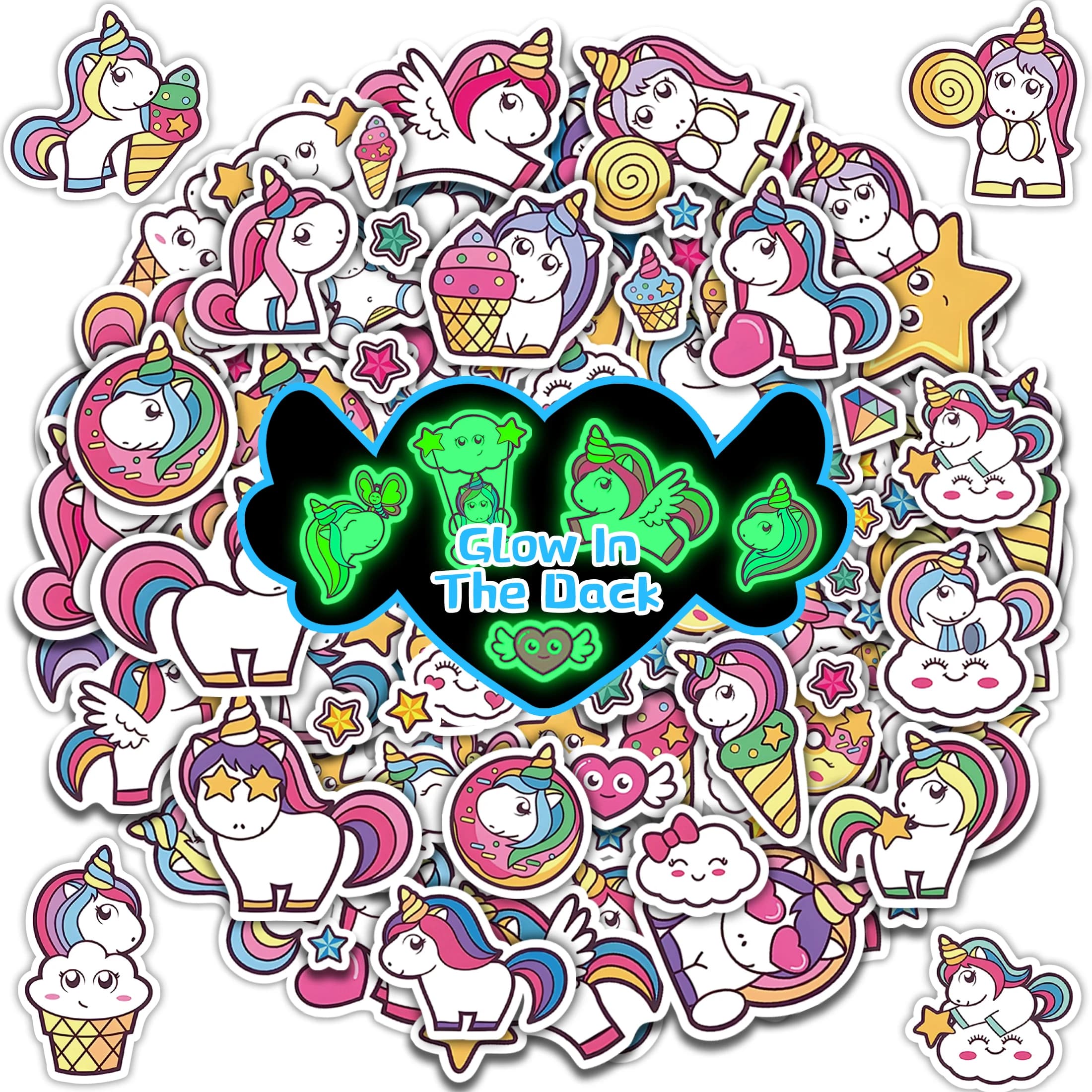 Glow-In-The-Dark Cartoon Cute Unicorn Stickers self-adhesive Water Cup Notebook Skateboard Kids Toy Stickers