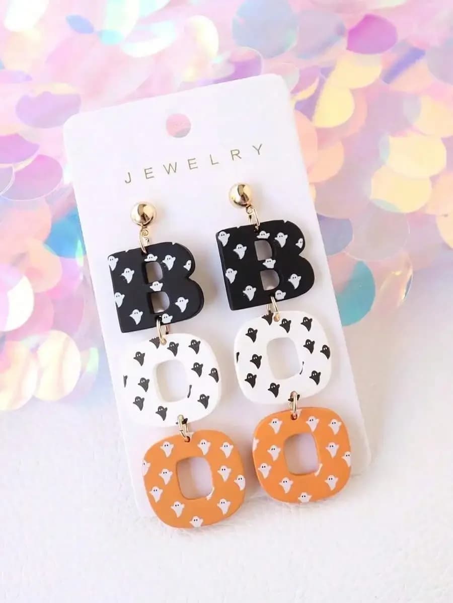 1 paio di orecchini BOO in acrilico e argilla polimerica con stampa fantasma di Halloween, accessori divertenti e carini per le feste, regalo per le vacanze