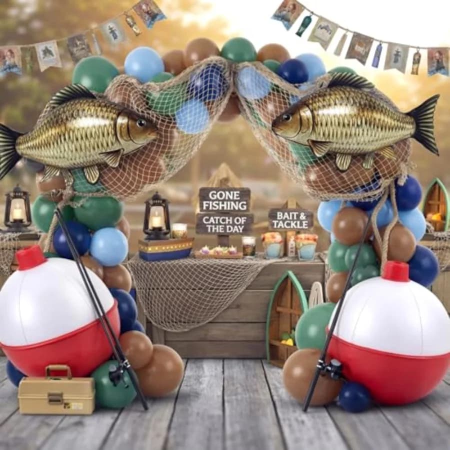 Set Decorazioni per Festa a Tema Pesca: 148 Pezzi per Uso in Giardino e Compleanni, Pallone Gonfiabile, Rete da Pesca, Palloncini Verdi e Blu, Durevoli