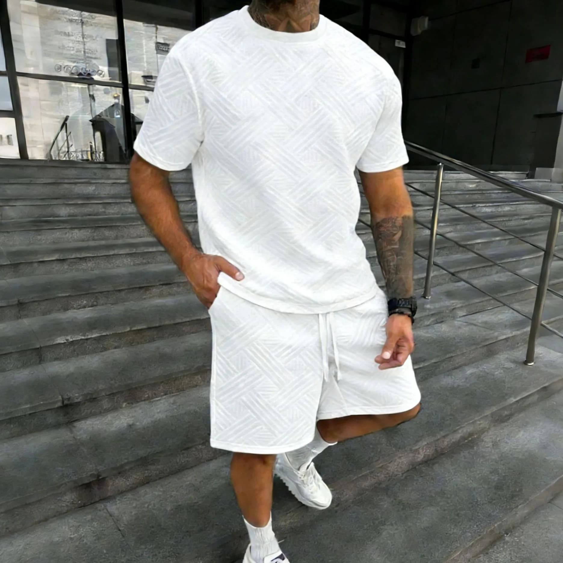 Nuova camicia estiva da uomo in jacquard a maniche corte e pantaloncini corti, completo sportivo casual traspirante con t-shirt e pantaloncini, streetwear.