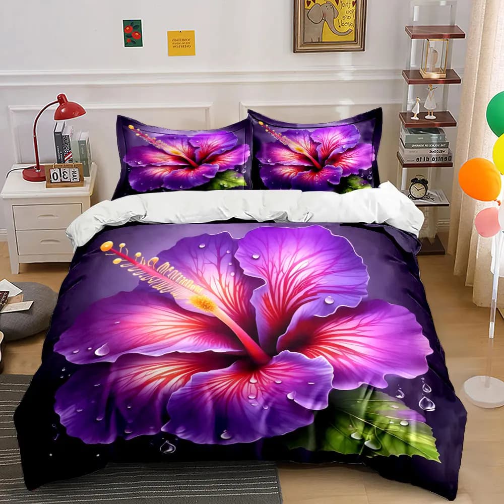 Set di biancheria da letto con stampa ibisco viola e gocce di rugiada, morbido e confortevole, include 1 copripiumino e 2 federe, regali di lusso