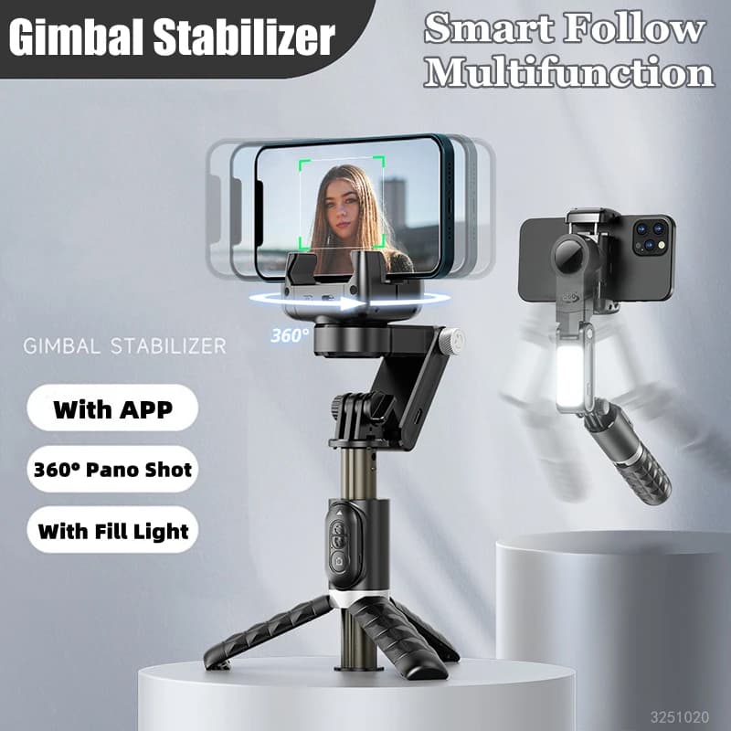 2024 Nuovo Bluetooth Wireless Gimbal Stabilizzatore Selfie Stick 360 Gradi Smart Face Tracking Registrazione dal vivo con luce di riempimento
