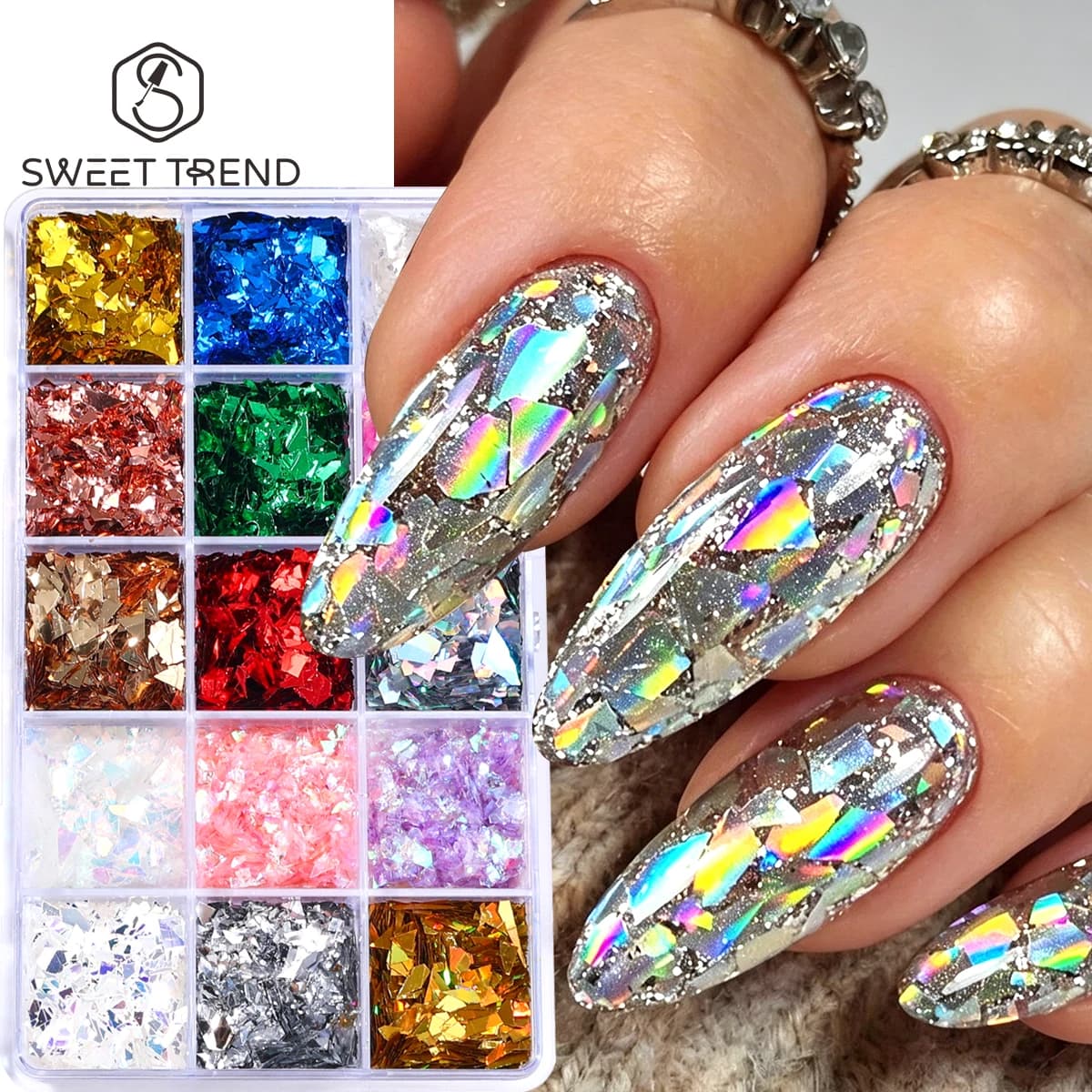 15 Grids Holographic Broken Sparkly Nail Sequin Laser Glass Paper Slices Spangles DIY Aurora Crafts Manicure Decor Glitter Flake