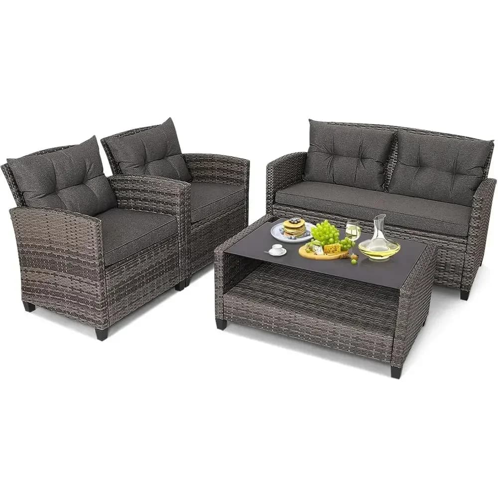 Grey Outdoor Patio Furniture Set: 4-Piece Wicker Rattan Chairs with Cushions and Glass Coffee Table
