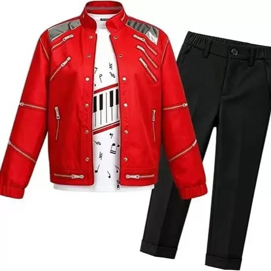 Michael Jackson Beat It Cosplay Costume 4-15T MJ Impersonator PU Leather Punk Coat Red Zipper Jacket Pant Set Halloween Stage
