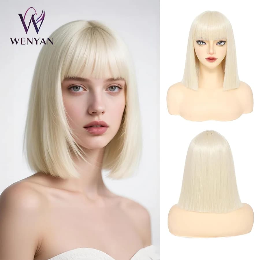 14 inch Blonde Bob Wig with Bangs Short Platinum Blonde Straight Wig for Women Natural Looking Heat Resistant Synthetic Wig
