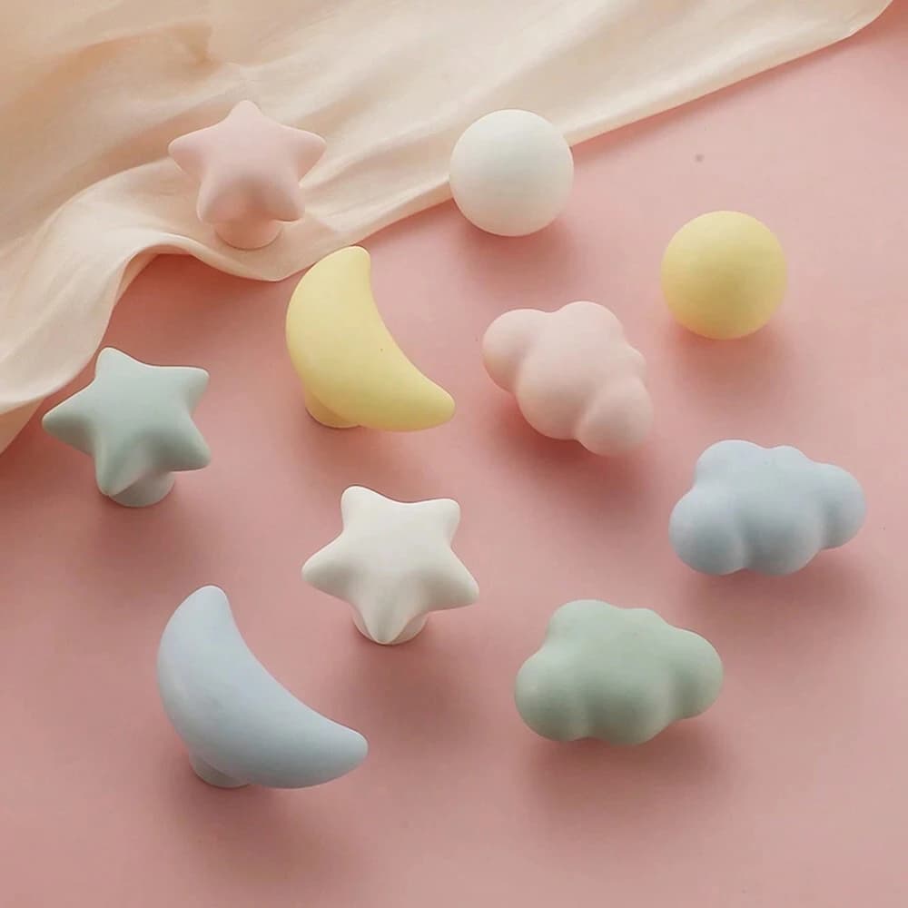 Cute Ceramic Children's Room Cabinet Knobs Stars Clouds Cartoon Drawer Pulls Wardrobe Handles for Kids Bedroom Decoration