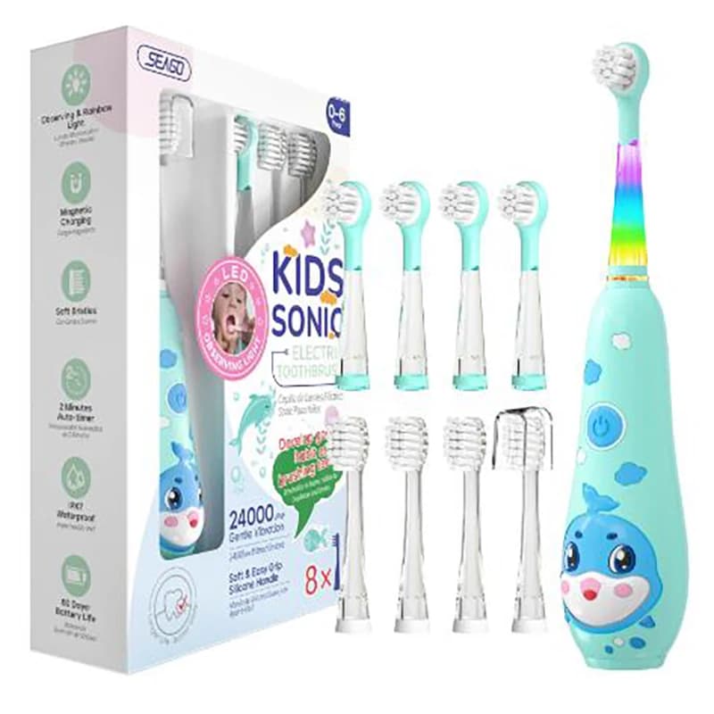 Seago Spazzolino elettrico per bambini Spazzolino elettrico per osservazione a LED Spazzolini da denti per bambini con ricarica magnetica 8 pezzi Testine