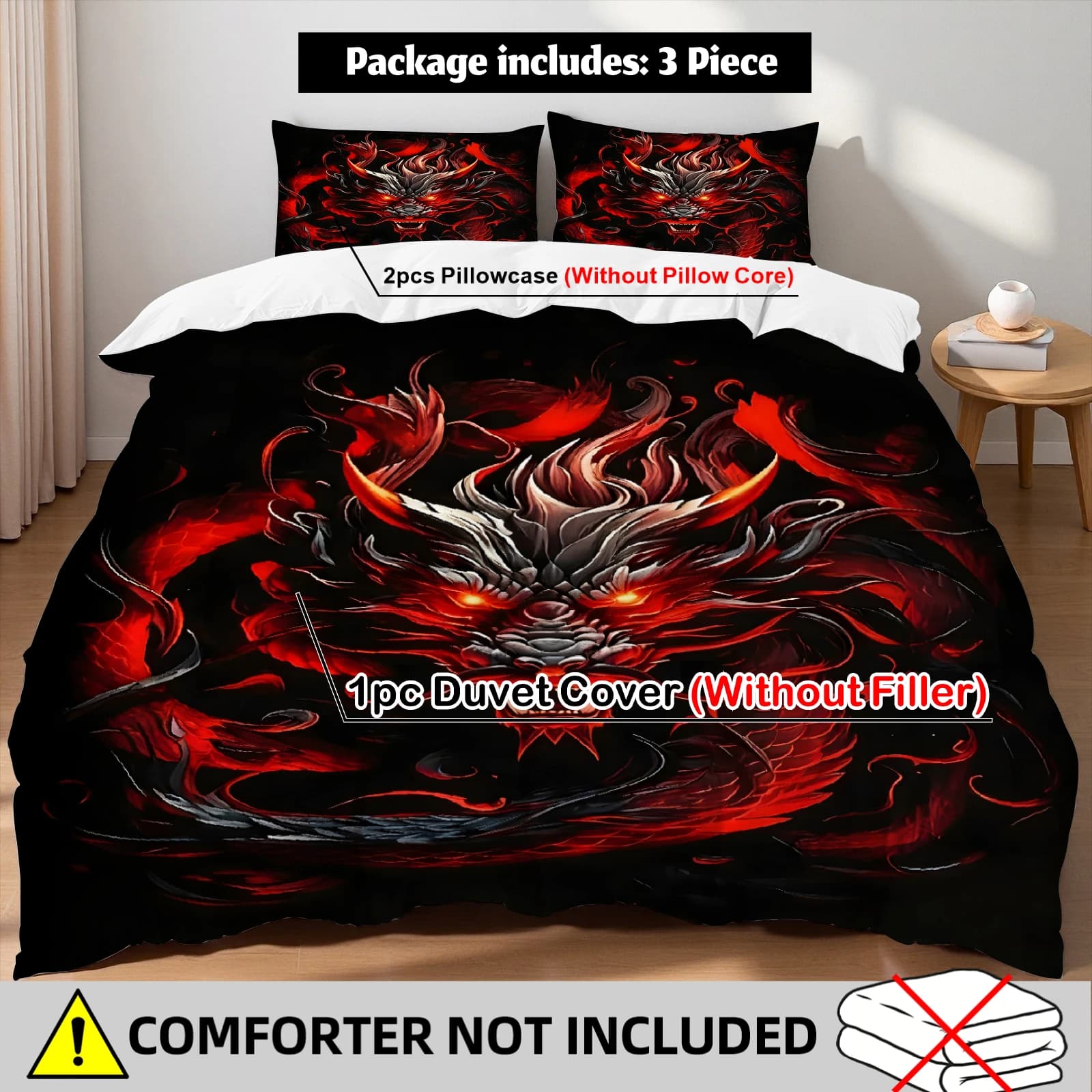 Red Dragon bedding set, black bedding set with oriental mythological motifs and pillowcases for lovers of Asian culture, for double bedroom, queen size, king size