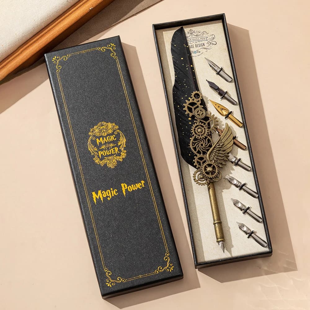 Retro Feather Dip Pen Set Vintage Quill Pen Steampunk Mechanical Style Calligraphy Writing Signature with 8 Replacement Nibs
