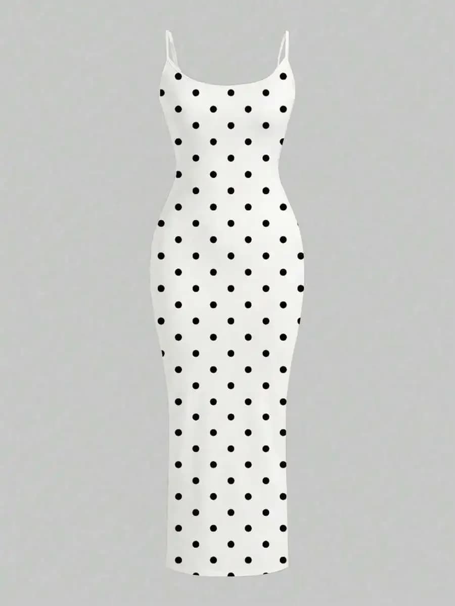 Abito midi senza maniche a pois per donna, stile casual vintage
