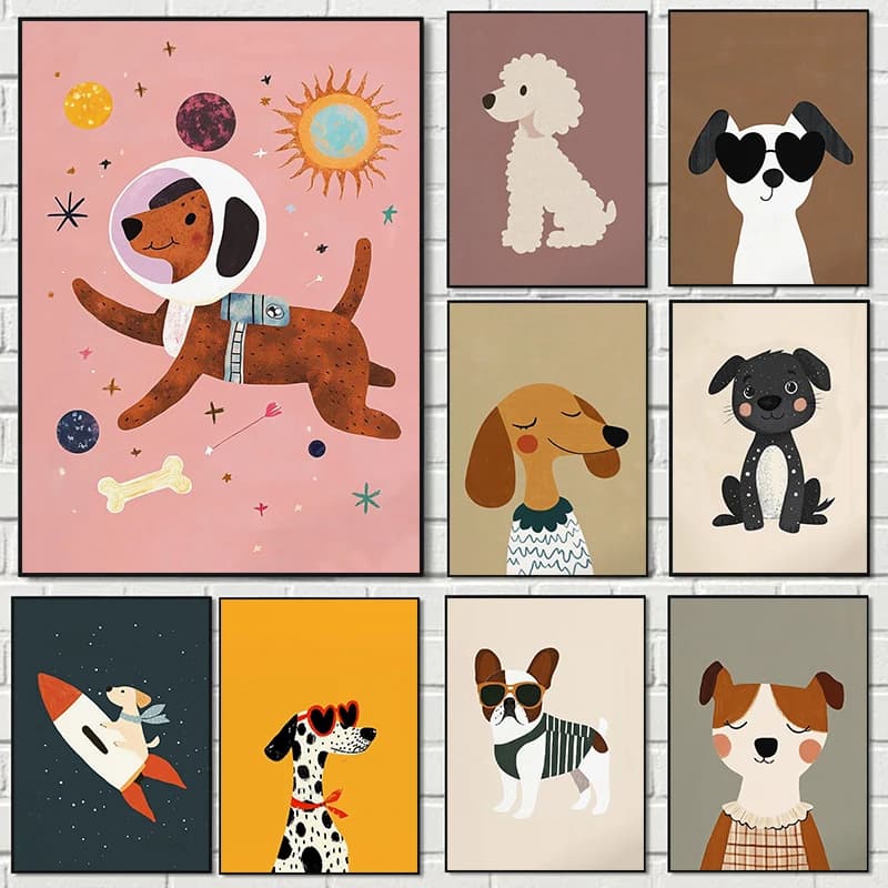 Simpatico animale arte nordica colorato cartone animato cane illustrazioni poster dipinti su tela immagini di arte della parete asilo decorazioni per la casa