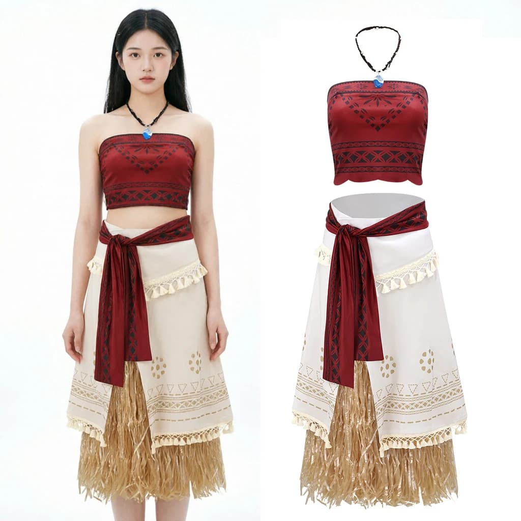 Moana Cosplay Costume For Womens Red Top Grass Skirt Shell Necklace Tropical Island Birthday Party Fancy Dress Summer Beach Set