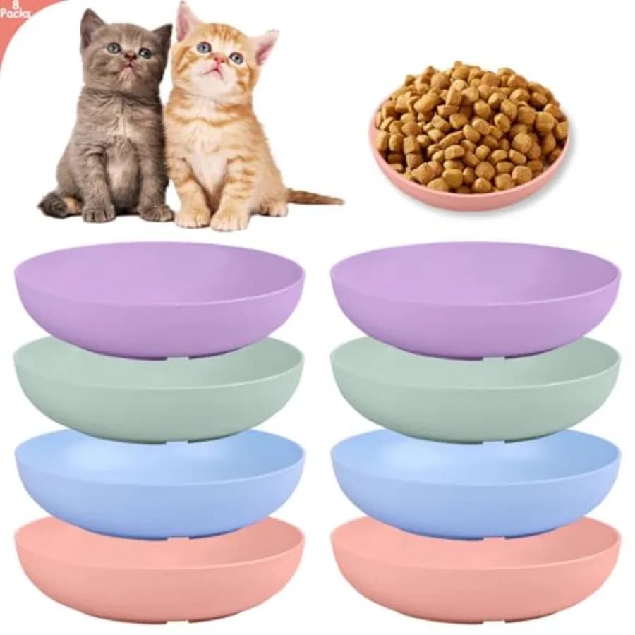 [8-Pieces] Whisker Fatigue Cat Bowl - 5.5 Inch Shallow Cat Food Dish Wide Cats Wet Feeding Bowls, PET Plate for Kittens and Sho
