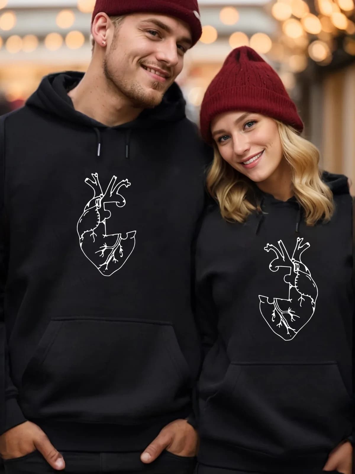 1 pezzo [stile per coppia] moda casual modello puzzle a forma di cuore stampato abbinato coppia felpa con cappuccio regalo allentato pullover top