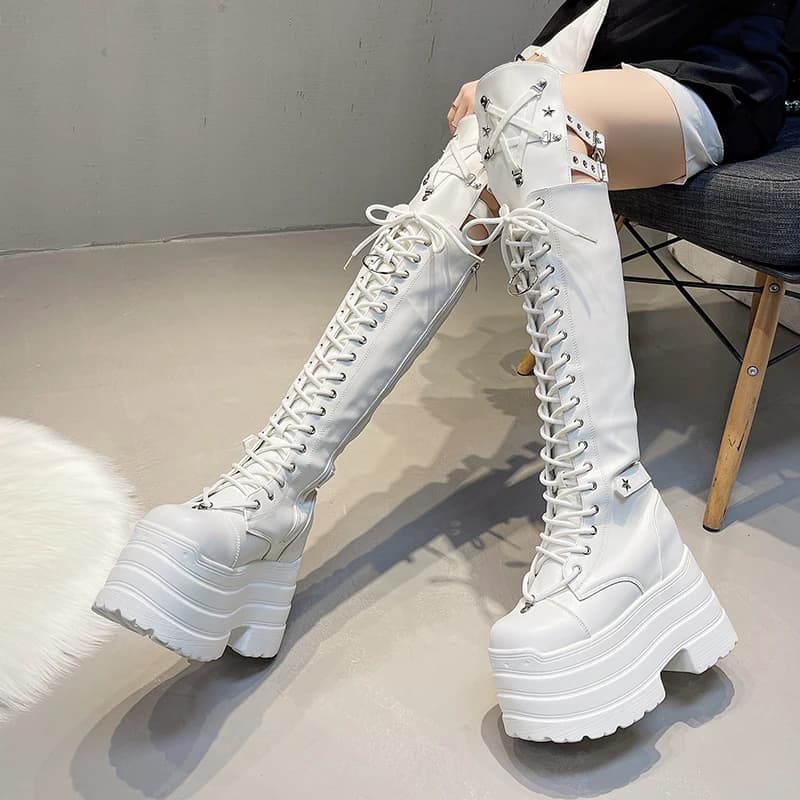 Stivali Punk da Donna, Stivali Alti da Cosplay, Stivali Comodi a Tubo Lungo Sopra il Ginocchio, Scarpe da Donna con Zeppa Alta, Stile Gotico