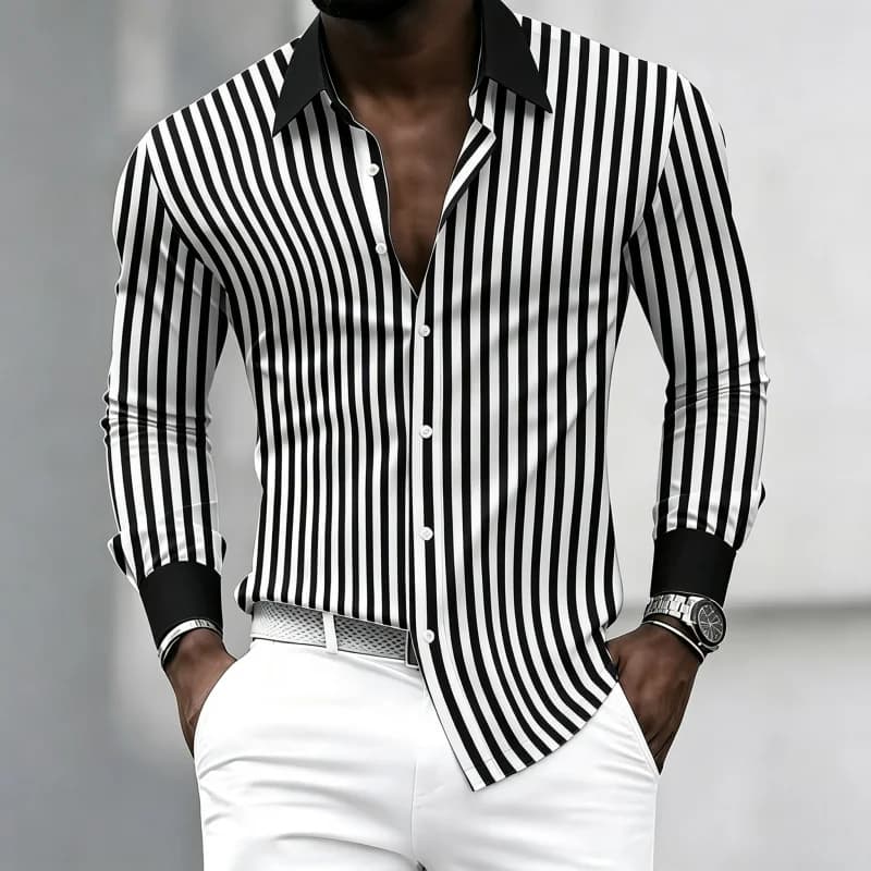 Men's long-sleeved collared shirt with black and white vertical stripes, contrasting collar and cuff design, neat and slim fit.