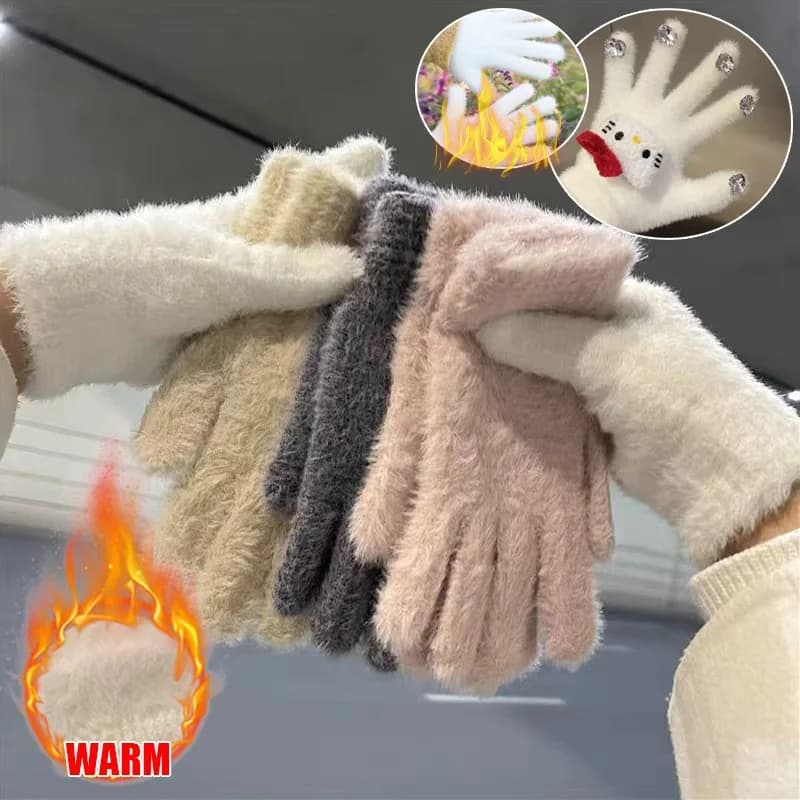 2026 Guanti invernali da donna in velluto di visone - Peluche a 5 dita caldo, resistente al freddo per il ciclismo all'aperto, guanti caldi da polso in tinta unita