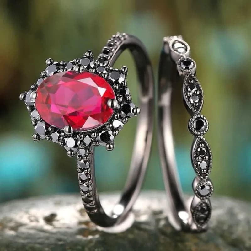 Anello da donna versatile di lusso leggero intarsiato con zirconi rossi neri di nuova moda europea e americana