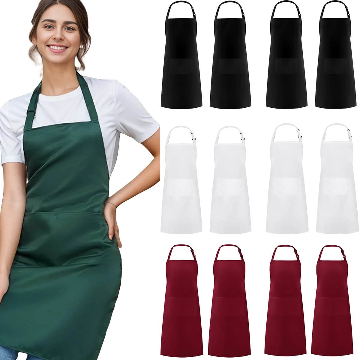 Set da 2 pezzi; Grembiule semplice in tinta unita con 2 tasche; Grembiule da chef regolabile per la cucina adatto per uomini e donne