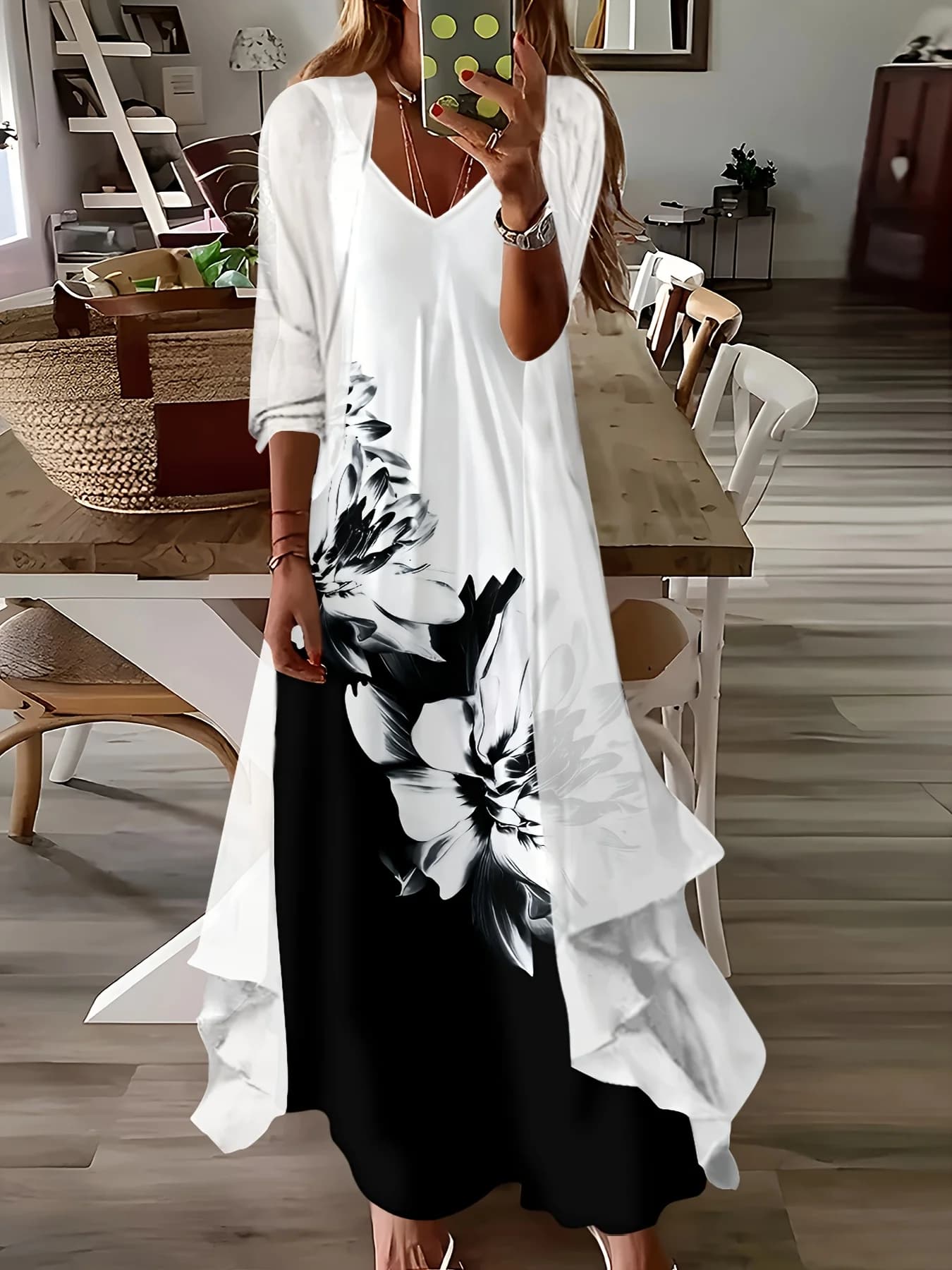 Casual Black and White Floral Print Long Sleeve Dress Set Women Fashion A Line Midi Dress with Matching Pants Spring Summer