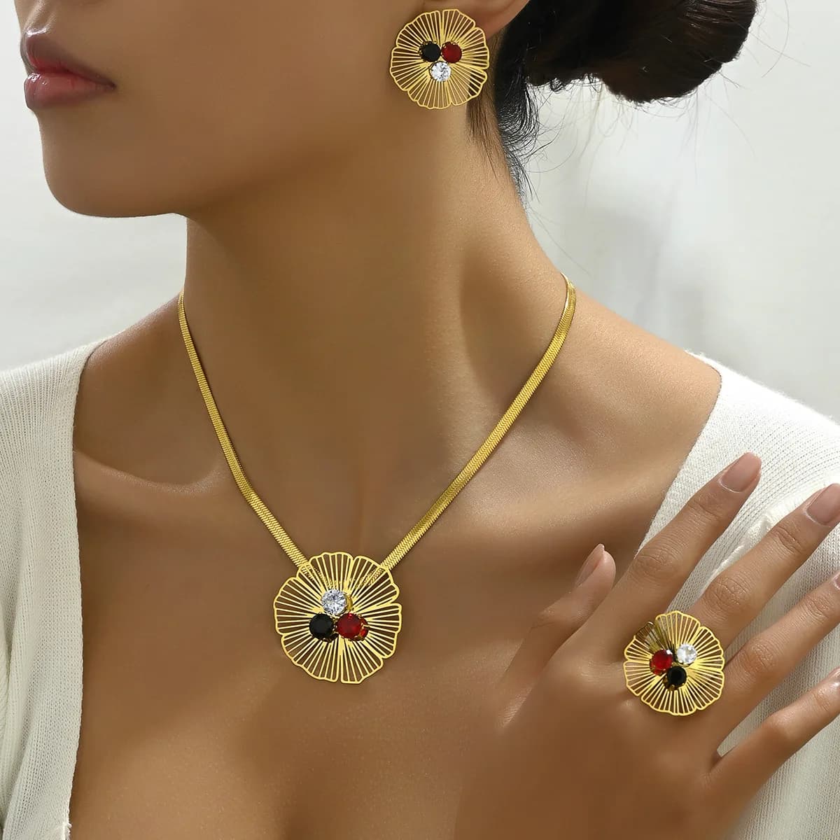 Jewelry Set with Earrings in European Style and American Light Luxury, Long Necklace with niche design ring with custom zircone flower
