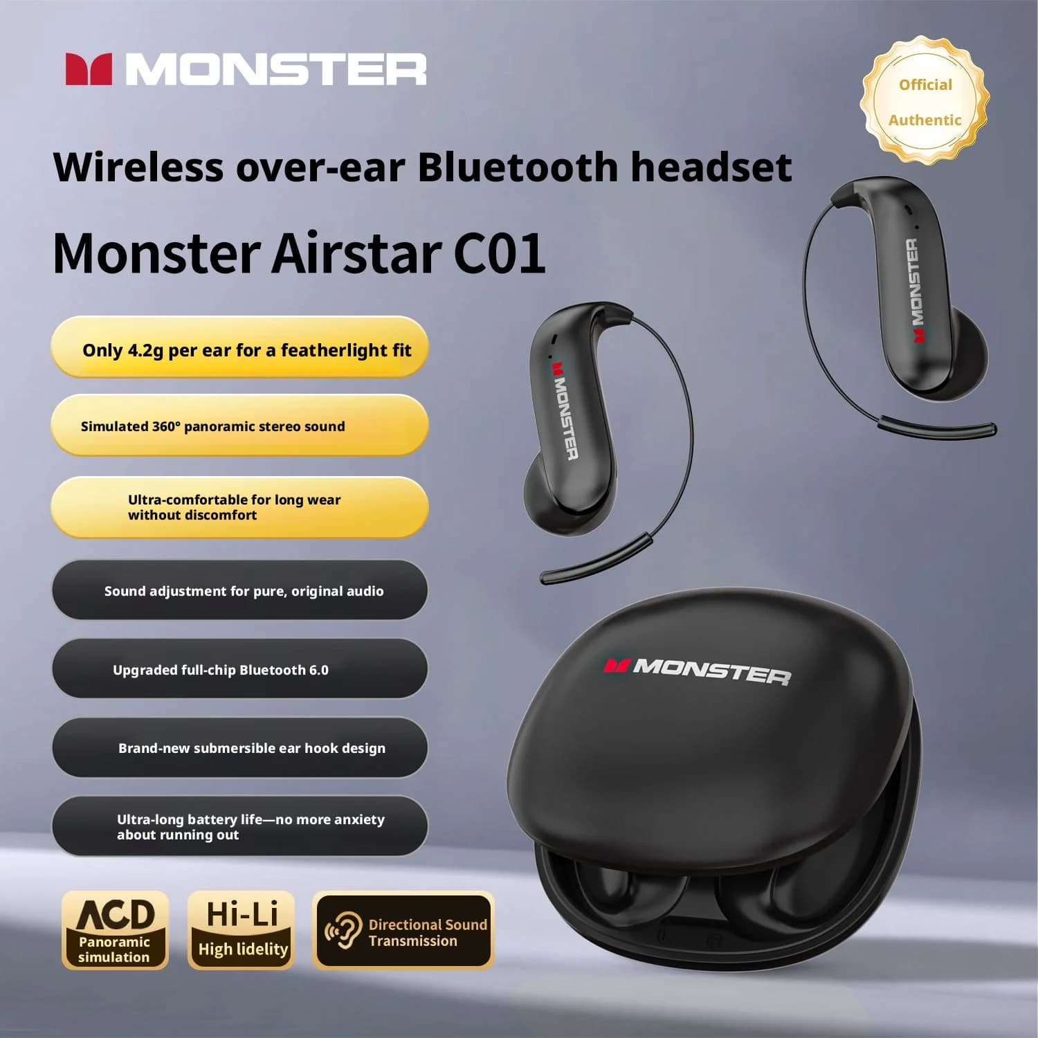 MONSTER C01 Open Ear Hook Wireless Bluetooth Earbuds Low Latency Gaming Music Headset Ultra Light Comfortable