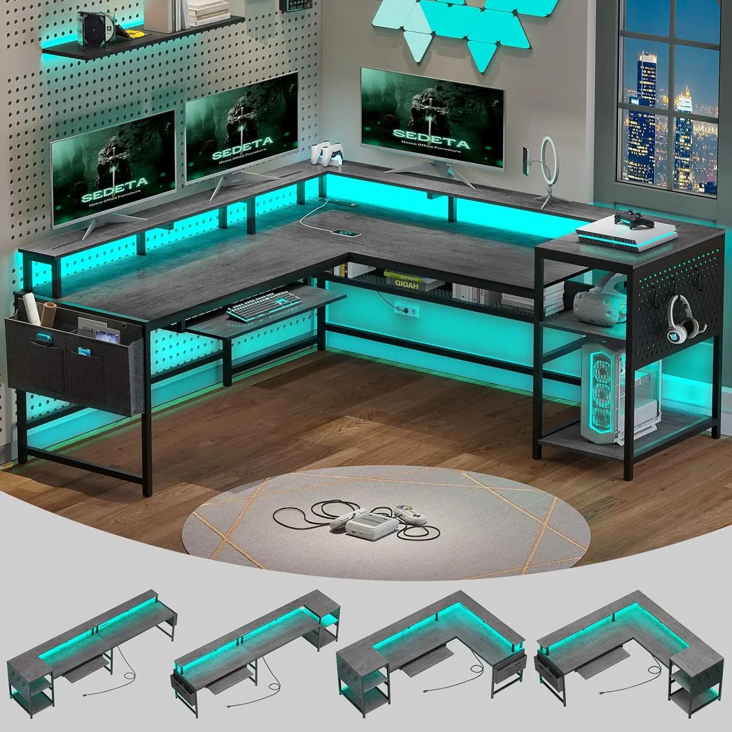 Scrivania da Gaming a L Convertibile, Scrivania Angolare o Lunga Postazione da Ufficio con Prese di Corrente, Striscia LED, Supporto Monitor e Vassoio per Tastiera