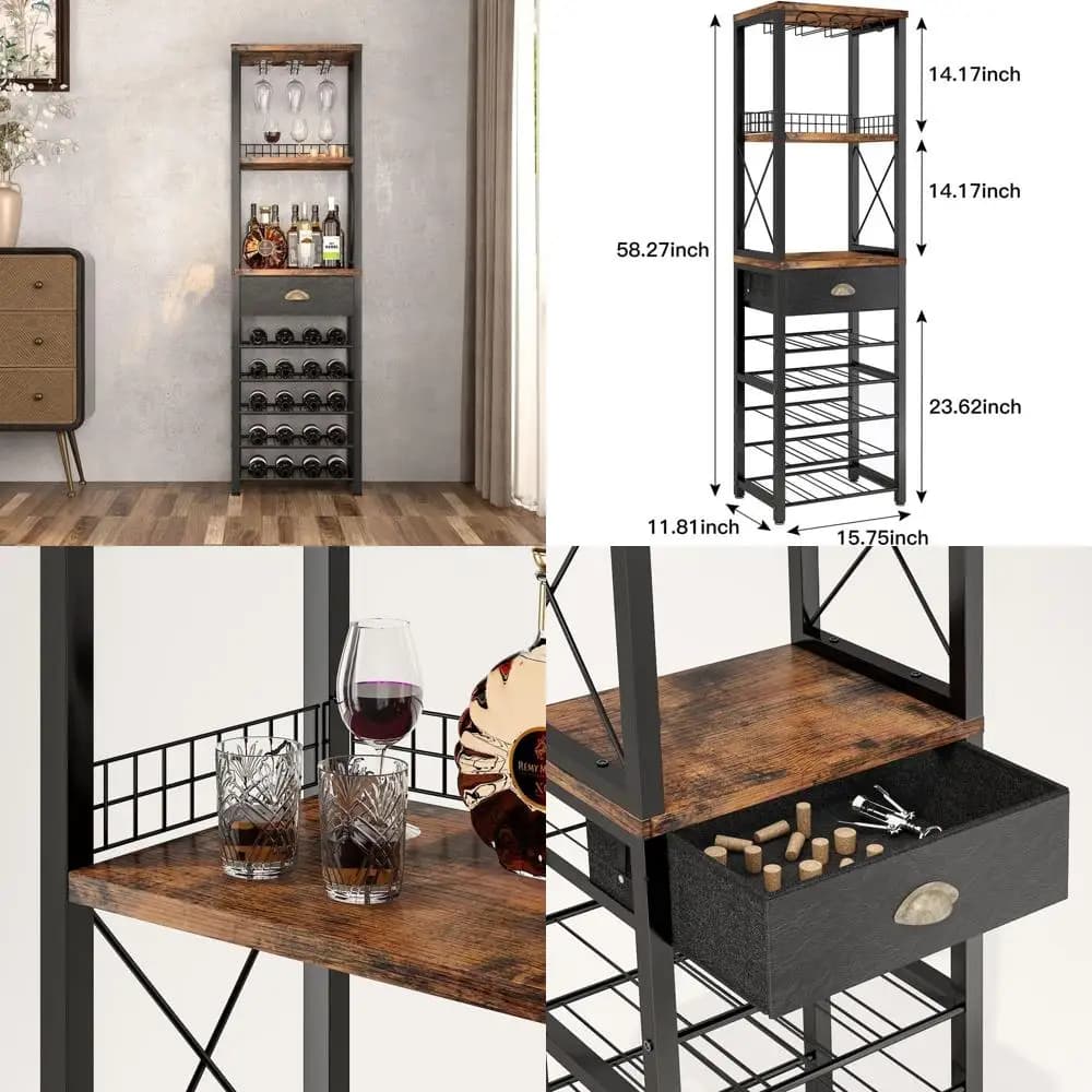 Portabottiglie da terra con contenitore a 4 livelli, portabicchiere, cassetto e piano per mobile bar nel soggiorno (Patent D2987284