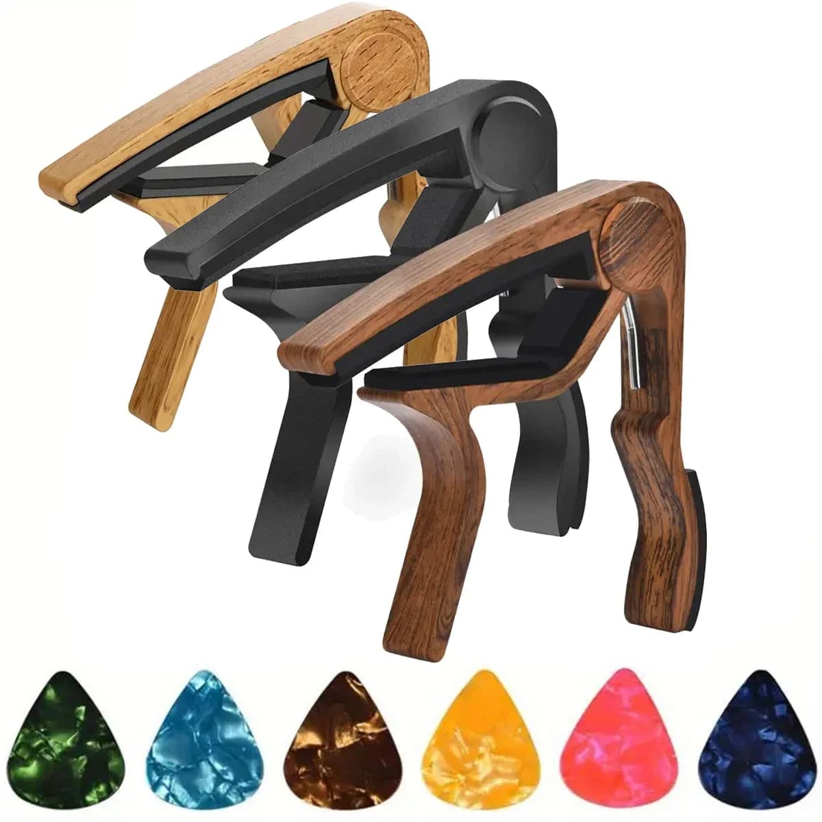 Capotasto per chitarra in lega di zinco di alta qualità con 5 plettri in celluloide (colori casuali) - Adatto a acustiche, elettriche, classiche e per ukulele