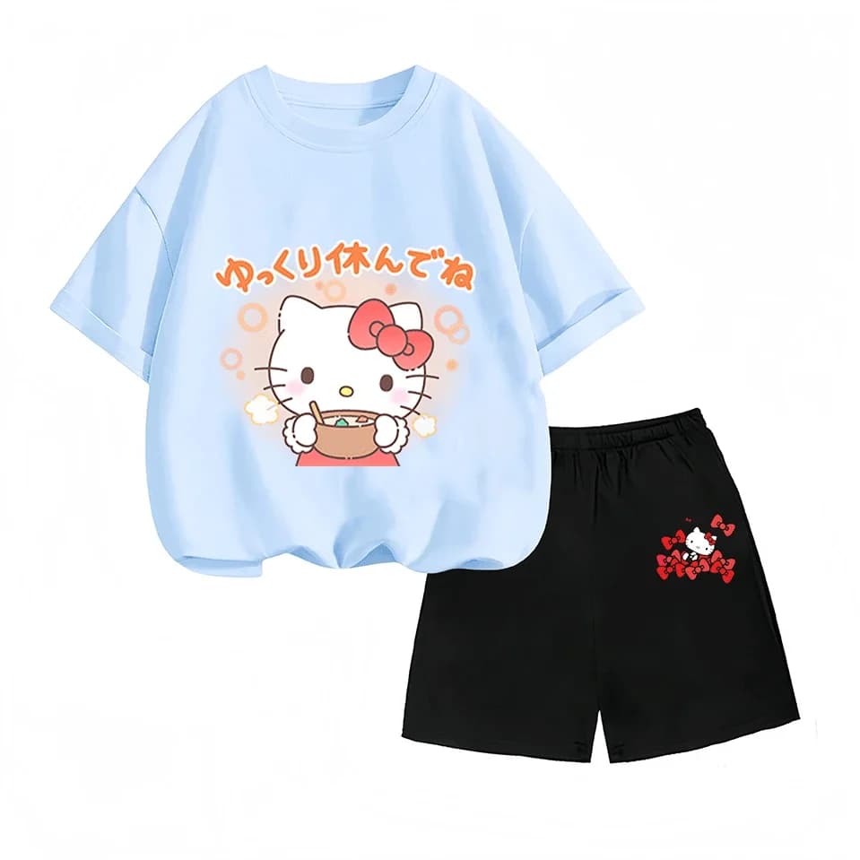 Tuta Estiva per Bambini a Due Pezzi con Maniche Corte, Stampa Anime Sanrio Hello Kitty, Vendita Calda