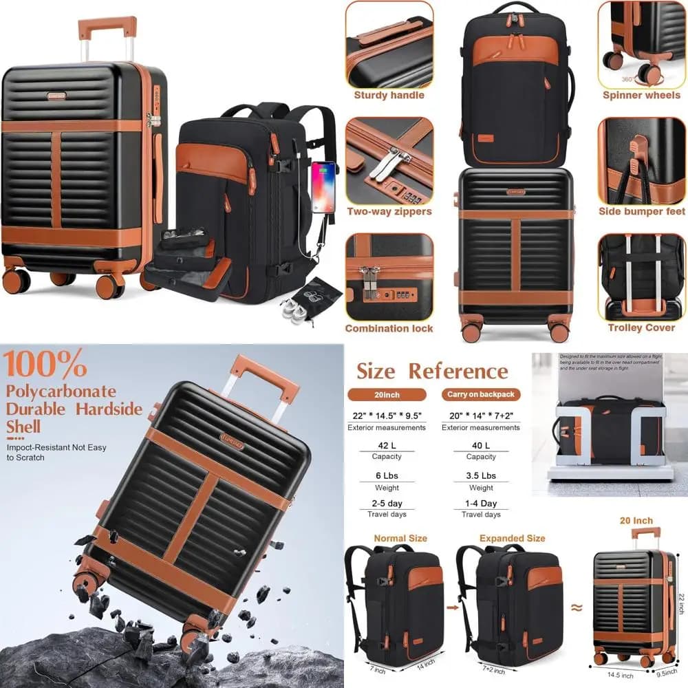 Set di valigie da 5 pezzi con zaino, 20 valigie rigide da trasporto, lucchetto TSA, PC resistente, nero