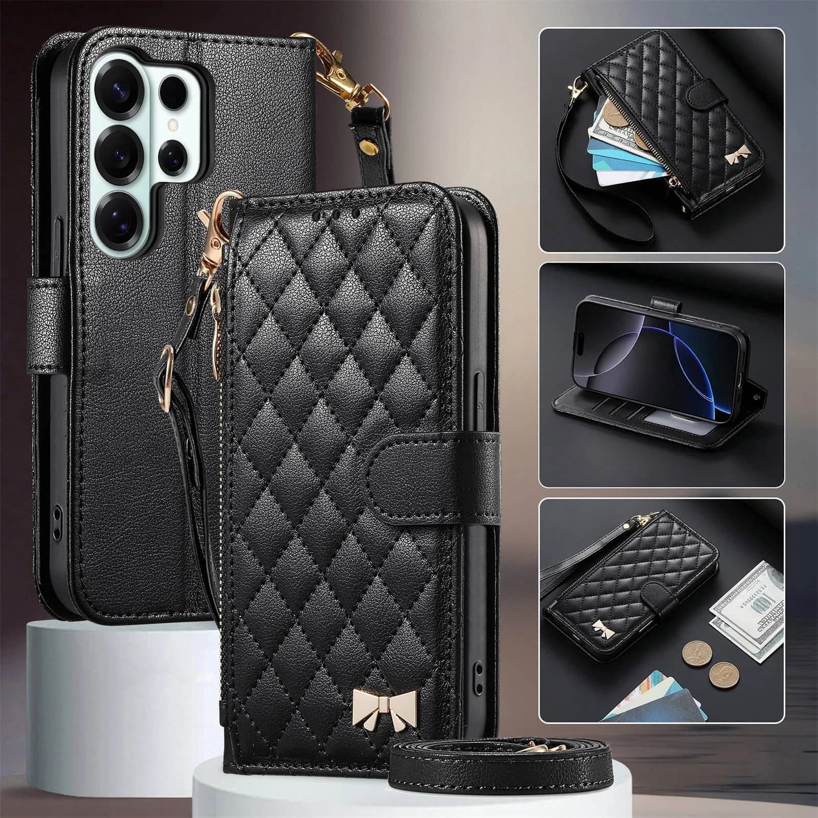 Custodia a Portafoglio a Tracolla per Samsung Galaxy S26 S25 S24 S23 FE S22 Ultra, Cover Trapuntata con Cerniera e Porta Carte, con Cinghia e Laccetto