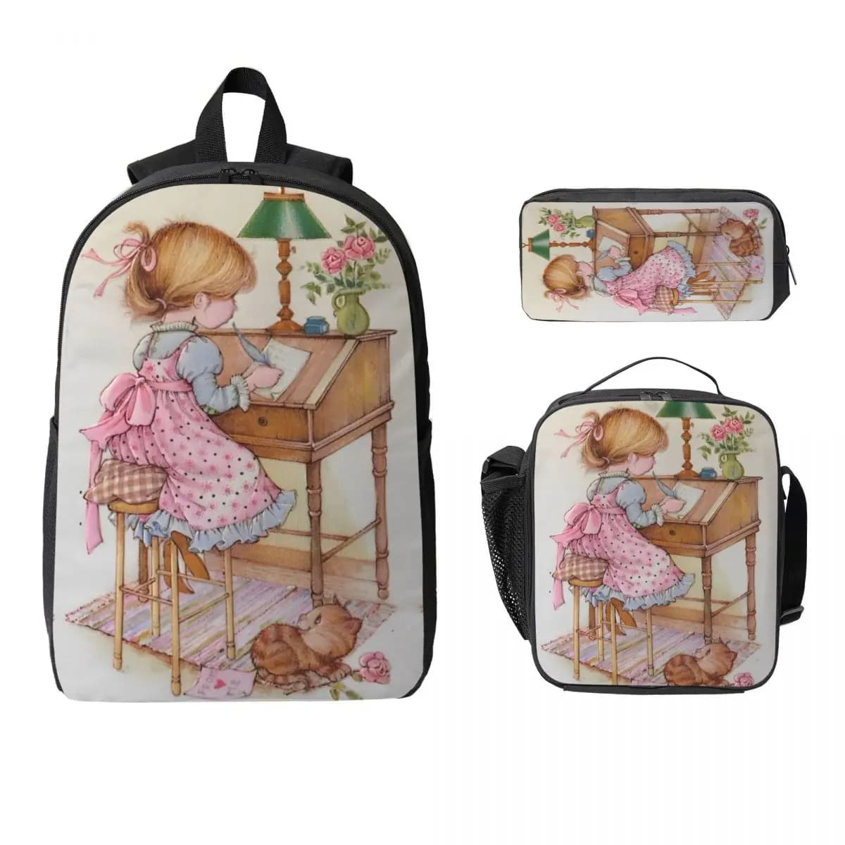 Set di zaini Sarah Kay da 3 pezzi per bambini, astucci per matite, set di zaini con scatola per il pranzo, per studenti delle scuole