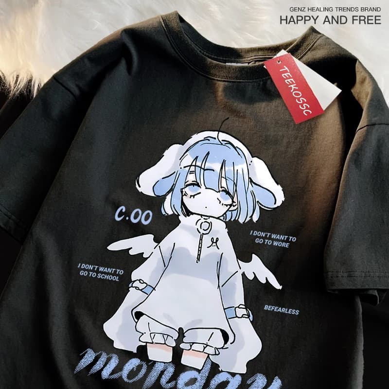 Day Blue Cartoon Girl Print maglietta maschile in stile giapponese maglietta estiva in cotone sciolto Street Tee Clothes Oversize Casual Tops