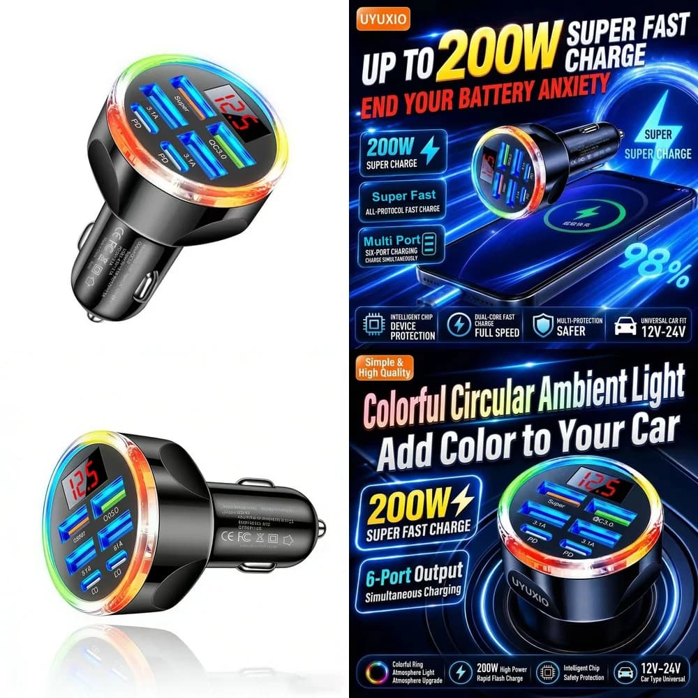 Multi Port USB Car Charger Device Trending for iPhone 18 17 16 Samsung S26 S25 S24 with LED Digital Display RGB Ambient Light