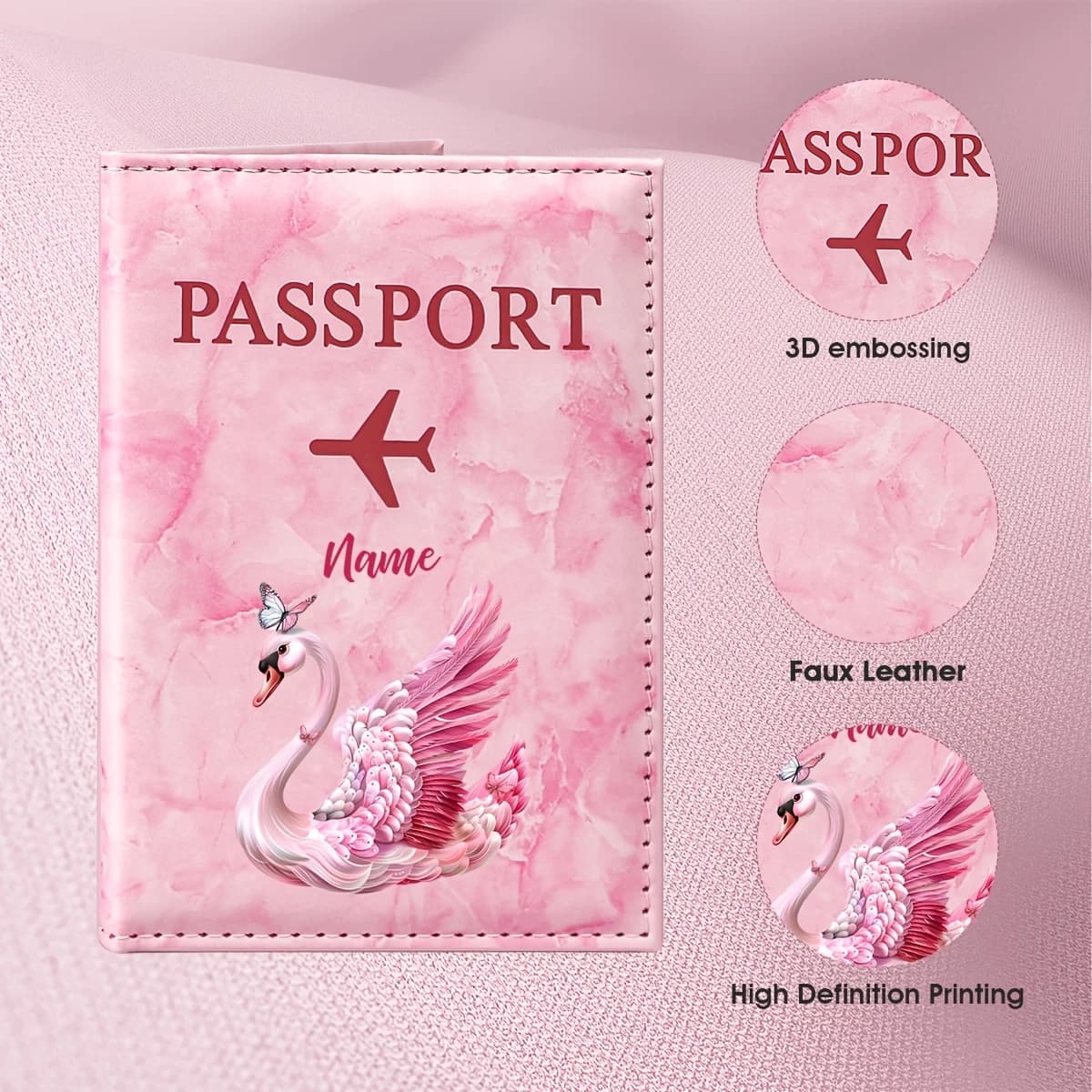 Personalized Name Pink Swan Art Design PU Passport Holder, Featuring an Elegant Pink Swan and Butterfly Elements to Present