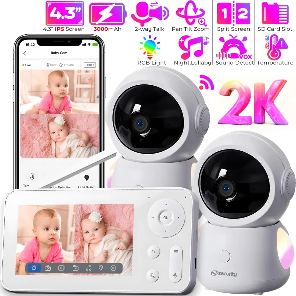 2K 3MP Due fotocamere Wifi Baby Monitor Schermo diviso Telefono per bambini tramite controllo APP e display IPS da 4,3 pollici Sensore di movimento Monitoraggio automatico PTZ Macchina fotografica per bambini Supporta