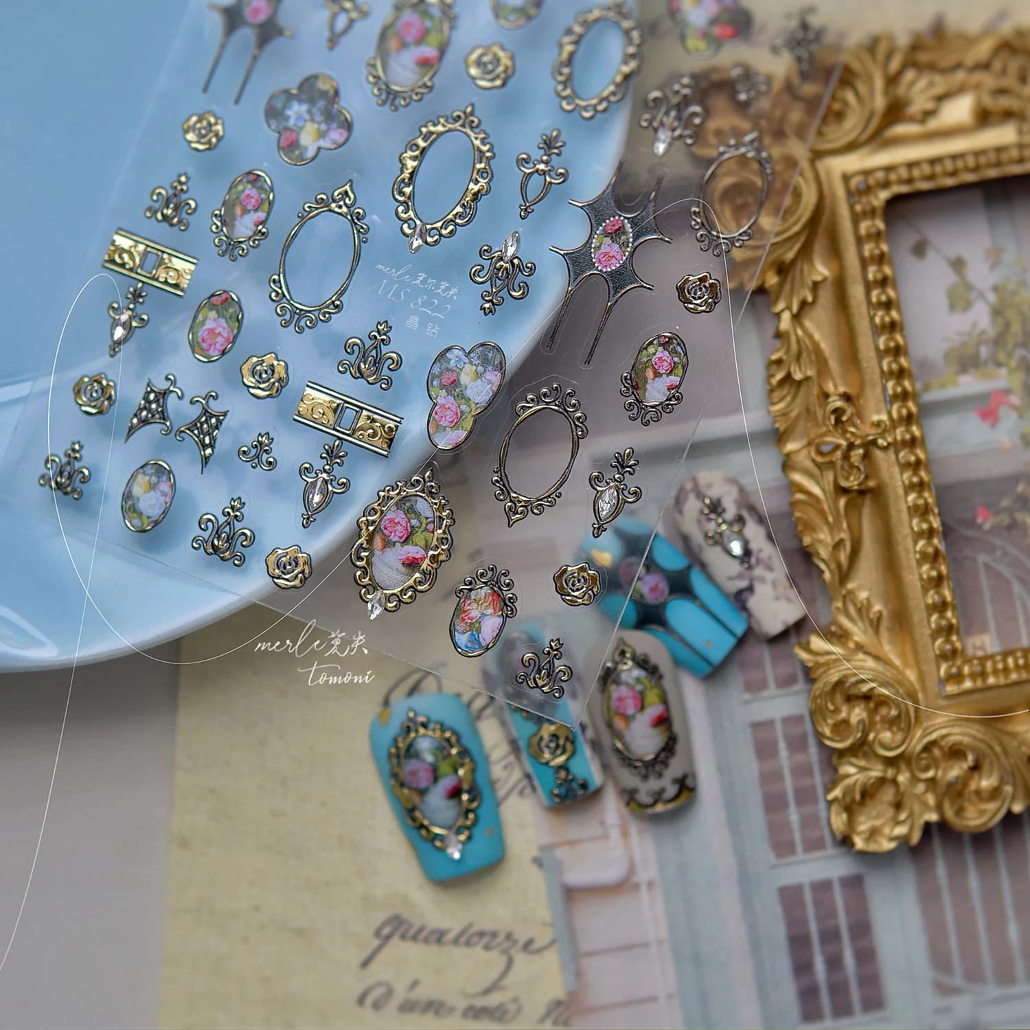 Luxury 5D Floral Nail Art Stickers Gold Silver Metal Frame Chinese Style Polished Crystal Rhinestones Decalcomania for self-adhesive manicure