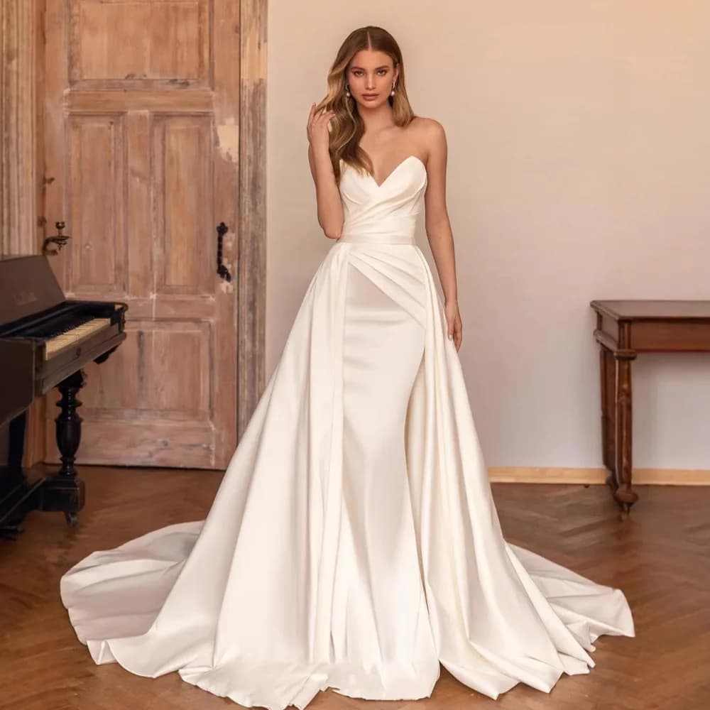 Abiti da sposa semplici a linea A in raso con scollo a V, pieghe drappeggiate, lunghezza del pavimento, abito da sposa, strascico di corte, con lacci sul retro