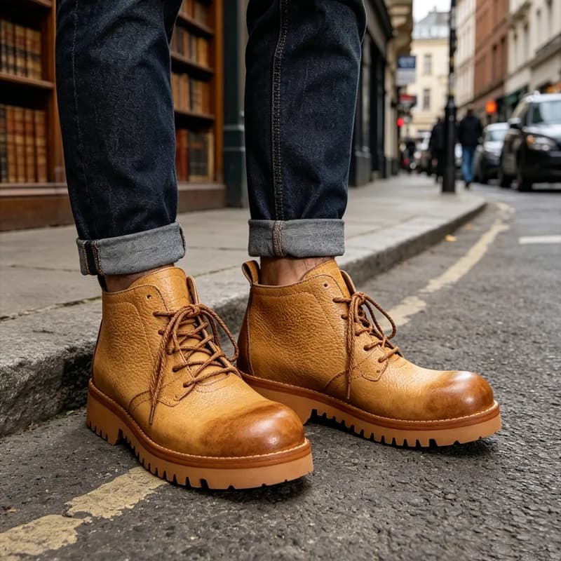 Luxury Retro Men Shoes Genuine Leather Thick-soled Lace-up Ankle Work Boots Outdoor Hiking Anti-slip Motorcycle Boots
