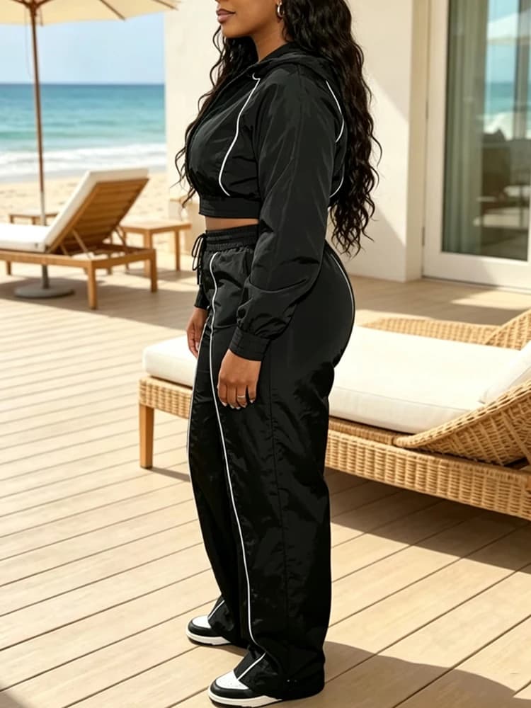 Women’s Black Windbreaker Pant Set Cropped Jacket High Waist Pants 2 Piece Set Fashion Streetwear Outfit Casual Tracksuit