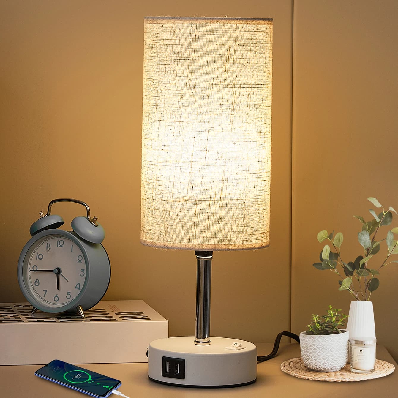 Desk lamp with circular lampshade in linen, desk lamp with bulb E27 (without bulb), decorative bedside lamp for living room, bedroom