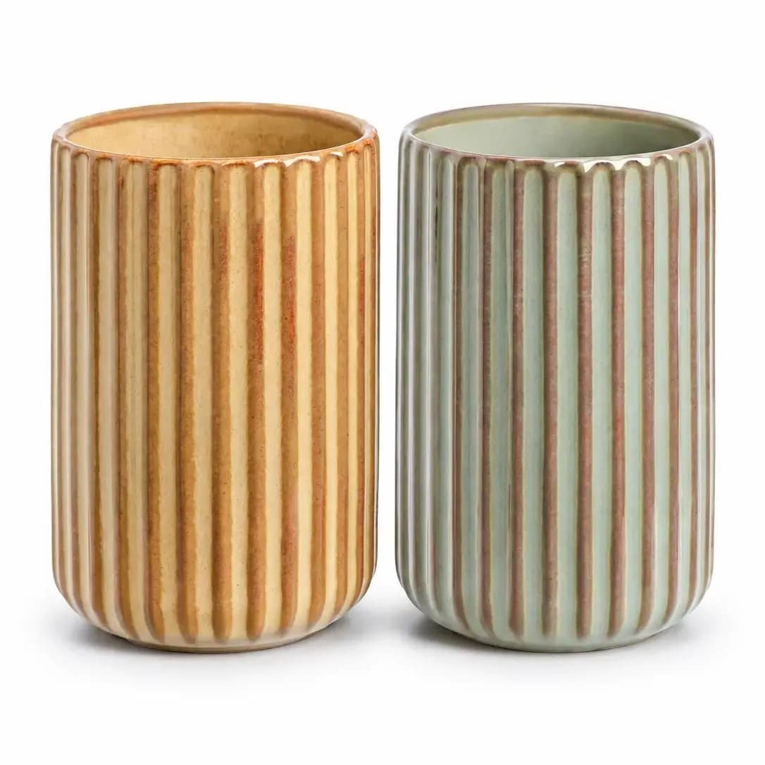 Vintage Ribbed Ceramic Toothbrush Holder Bathroom Countertop Toothbrush Cup Vanity Organizer Bathroom Accessories
