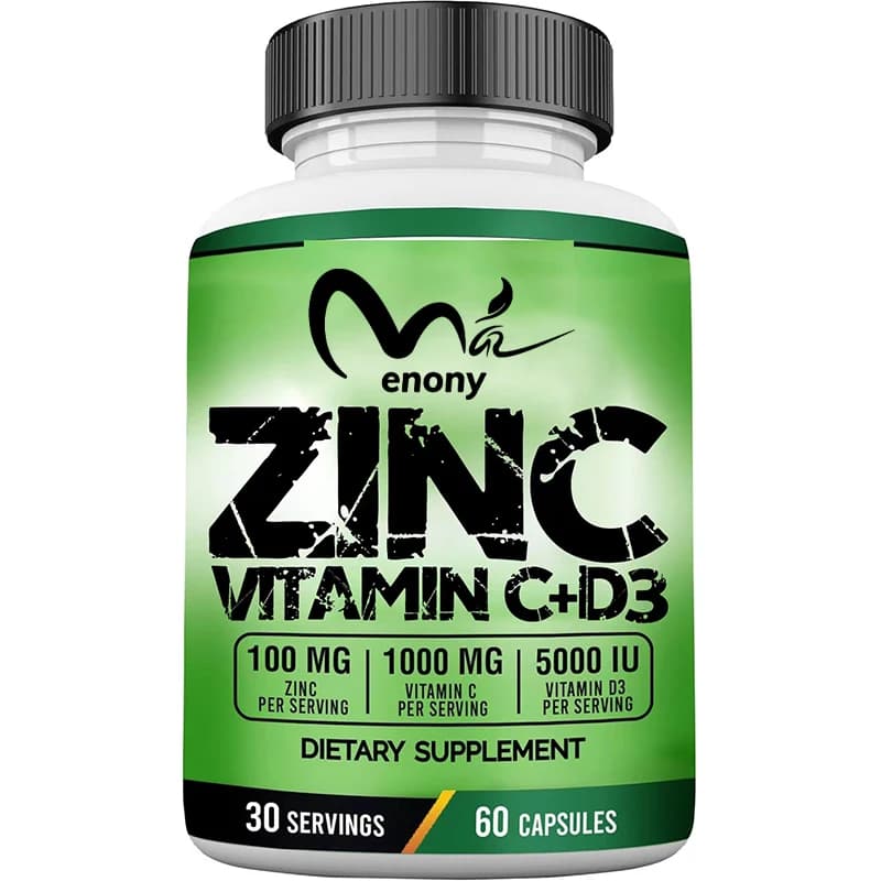 Zinc supplement 100mg, Vitamin C 1000mg, 5000 UI (125 micrograms) per serving, non GMO, 60 capsules