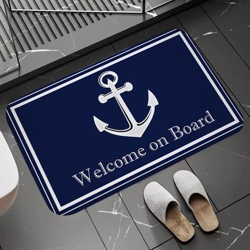 Tappetini da bagno Chic Nautical Anchor Boat Strisce blu navy Tappeto da bagno Lavabile antiscivolo Porta del soggiorno Zerbino da cucina