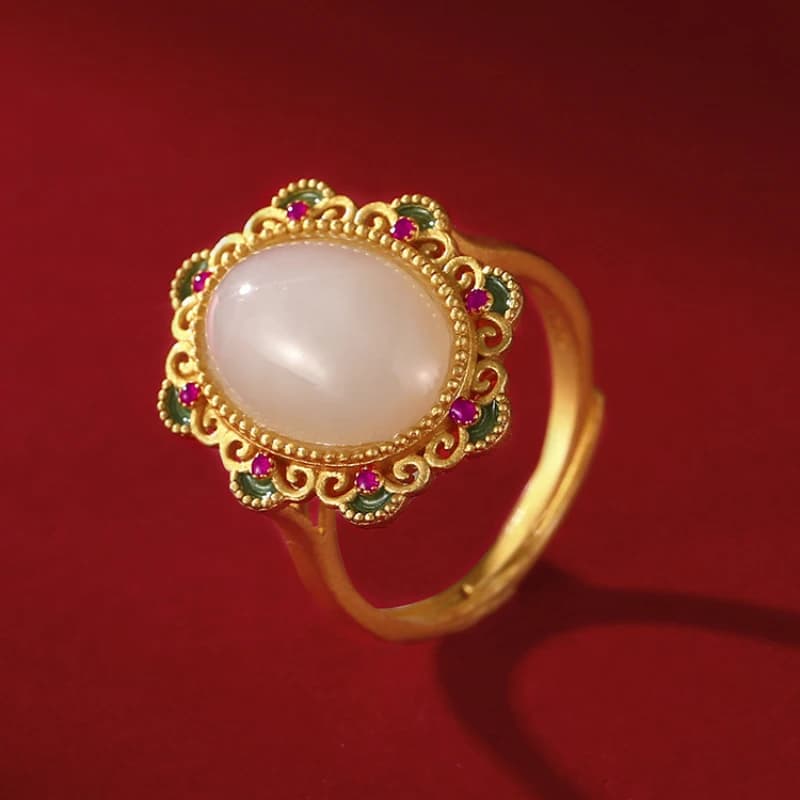 Creative new natural Hetian jade flower rings per le donne retro light luxury intarsiato con diamanti palace style accessori gioielli