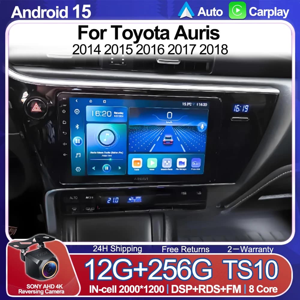 Autoradio Android 15 Per Toyota Auris 2014 2015 2016 2017 2018 Navigazione GPS Android Auto Lettore Multimediale Carplay Cam WIFI 5G